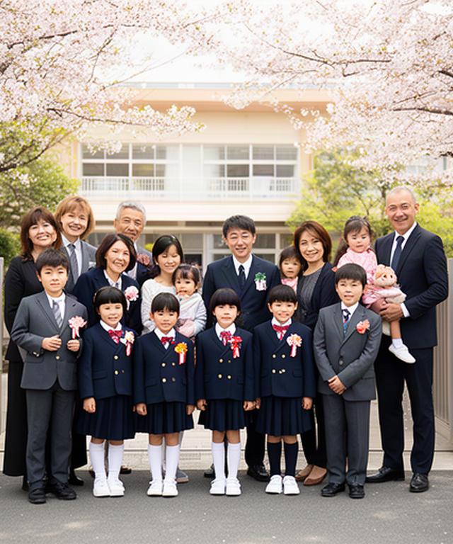 春の入学式で校門前に並ぶ新入生と家族